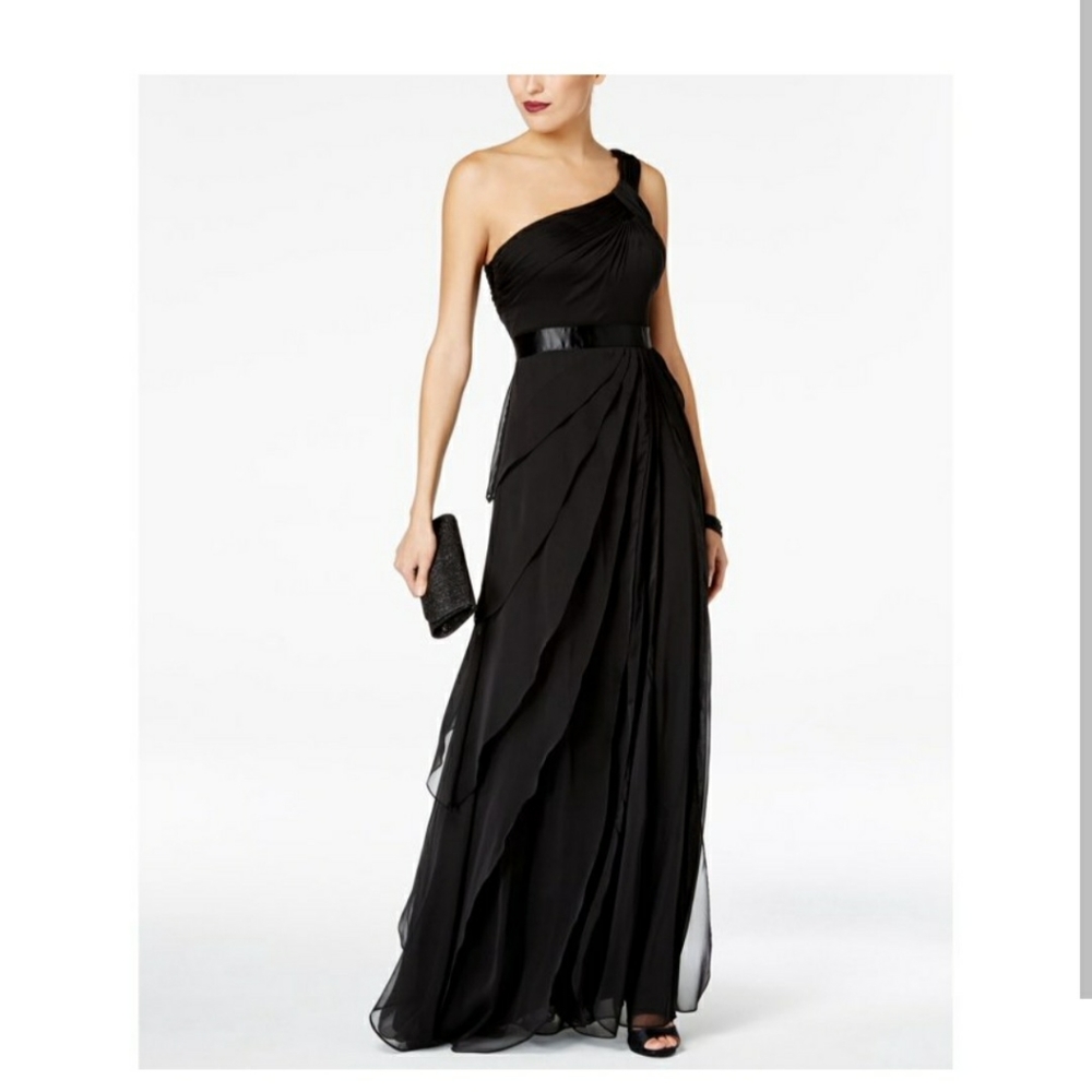 Adrianna Pappell One Shoulder Tiered Chiffon Gown